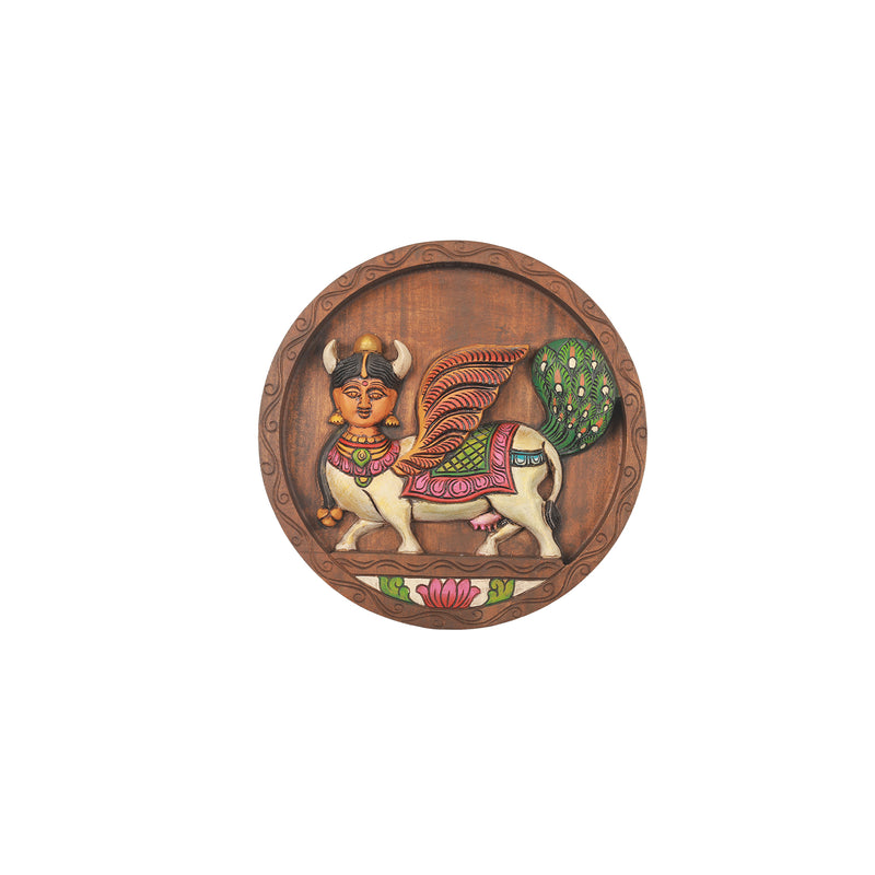 Wooden wall hanging Kamdhenu round plate