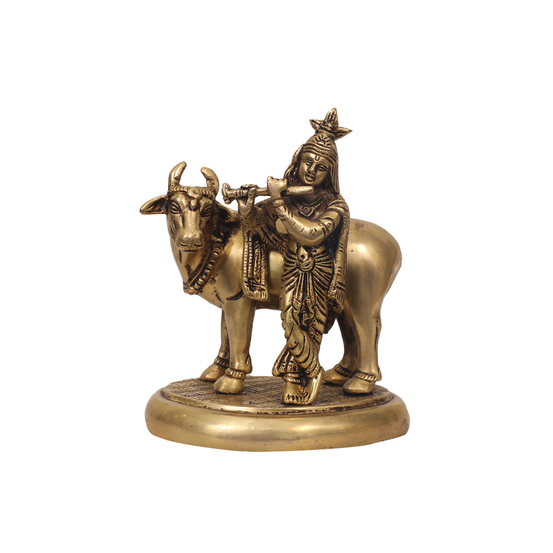 Brass Krishna with Cow Sculpture for Home Decor