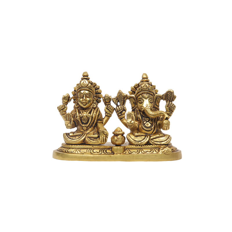 Brass Ganesha Lakshmi Sitting On Single Base
