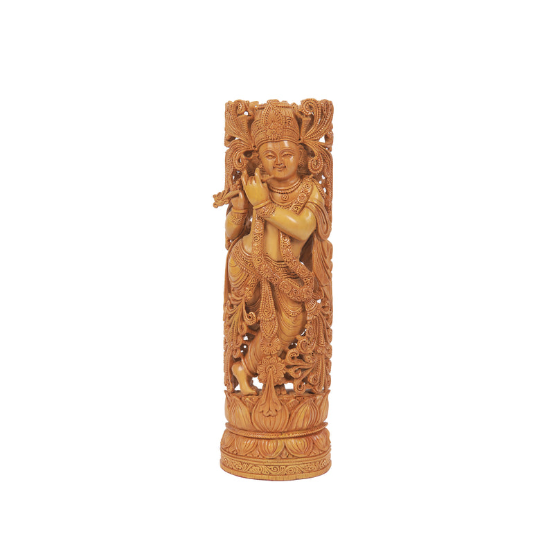 Sandalwood Handcrafted Krishna Idol With Intricate Carving For Spiritual Home Temple Decor