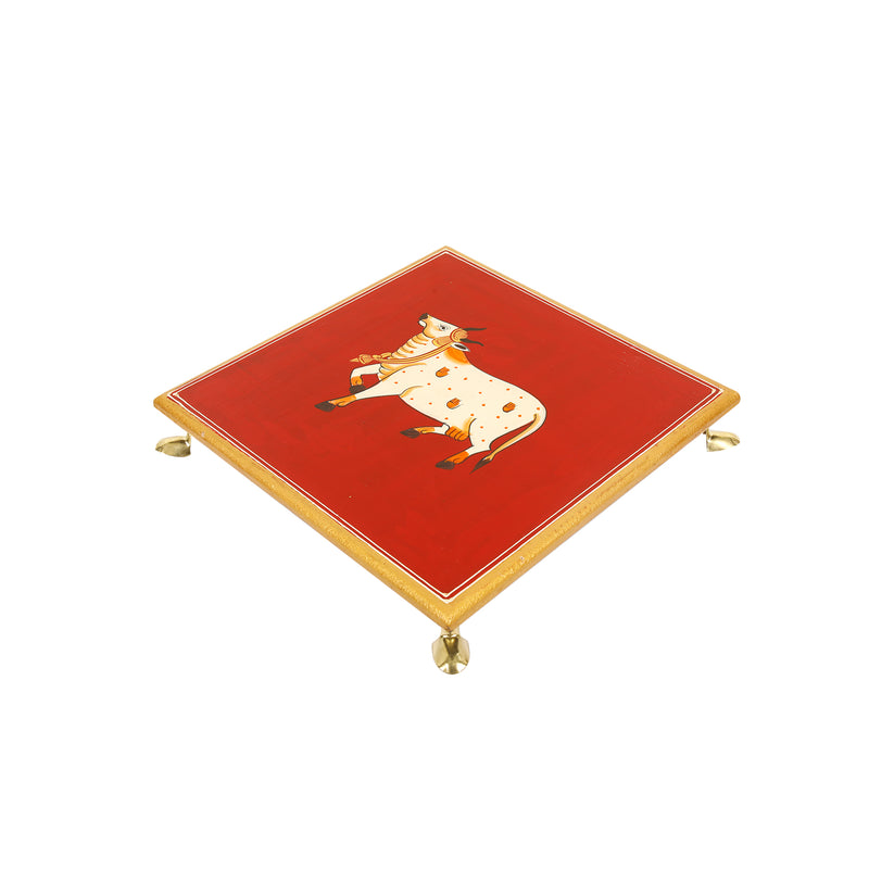 WODDEN PRINTED COW CHOWKI