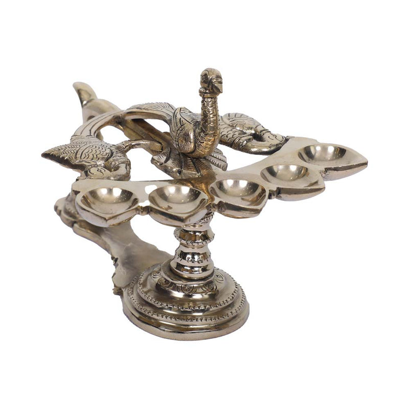 Brass Peacock Panch Arthi with Five Diya Holders for Traditional Puja Rituals