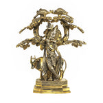 Brass Krishna With Cow Under Ornate Tree With Birds