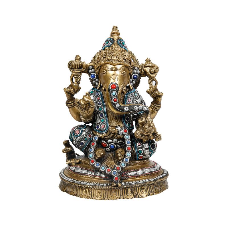 Brass Ganesha Sitting with Silver Stone Work