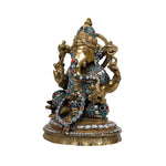 Brass Ganesha Sitting with Silver Stone Work