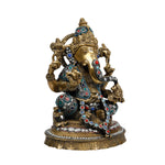 Brass Ganesha Sitting with Silver Stone Work