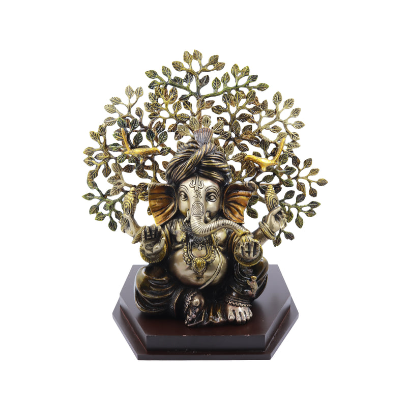 Pagdi Ganesha Sitting Under Tree on Wooden Base