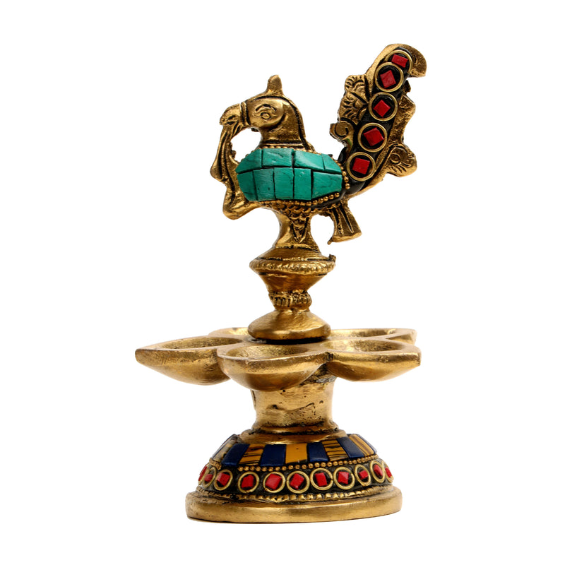 Decorative Brass Peacock Diya With 5 Oil Wick Brass Diya