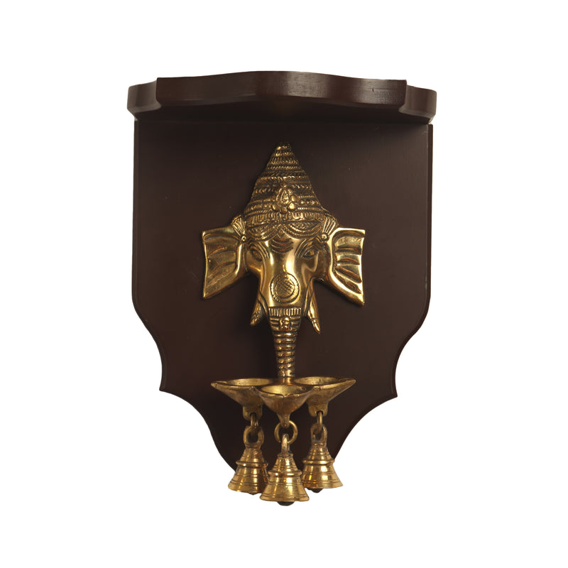 Brass Lord Ganesha |  3 Diya and 3 Bell | Wall Hanging | With Frame