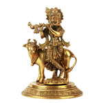 Standing Cow Krishna Brass Idol With Flute And Ornate Detailing For Sacred Pooja Room Decor
