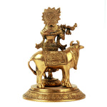 Standing Cow Krishna Brass Idol With Flute And Ornate Detailing For Sacred Pooja Room Decor