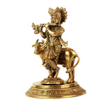 Standing Cow Krishna Brass Idol With Flute And Ornate Detailing For Sacred Pooja Room Decor