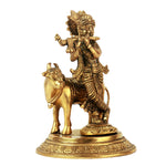 Standing Cow Krishna Brass Idol With Flute And Ornate Detailing For Sacred Pooja Room Decor