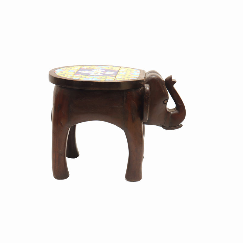 Wooden Elephant Stool With Marble Top