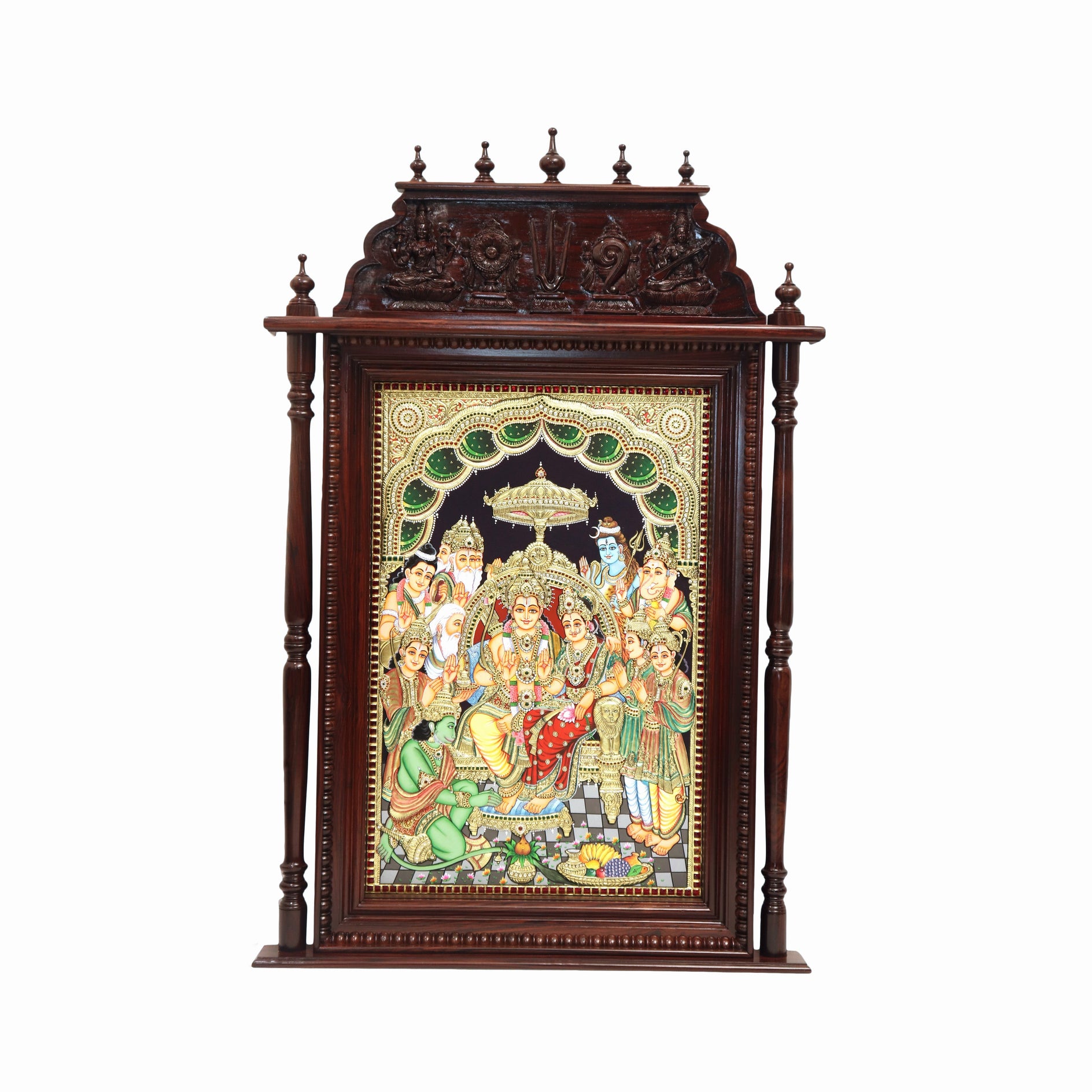 Traditional Tanjore painting with gold detailing and vibrant depiction of Hindu deity on wooden panel