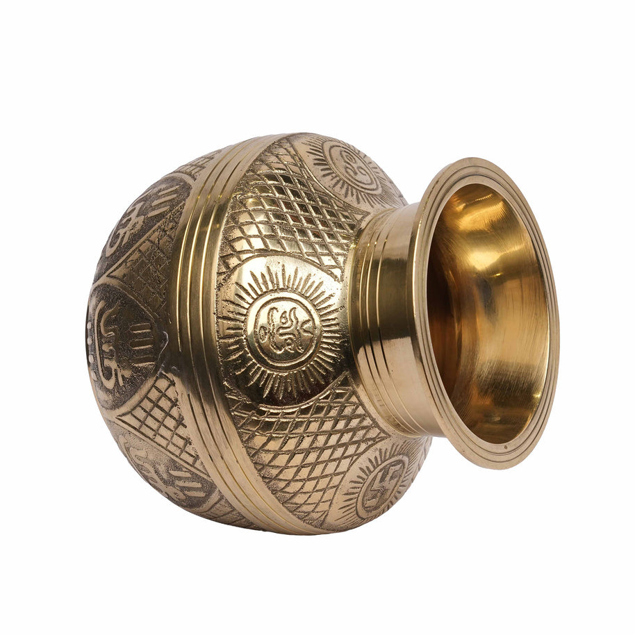Traditional Brass Kalash Pot for Pooja | Handcrafted Engraved Sacred Kalash for Home Temple