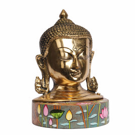 Handcrafted Brass Buddha Face Idol on Hand-Painted Wooden Base | Decorative Buddha Statue for Home
