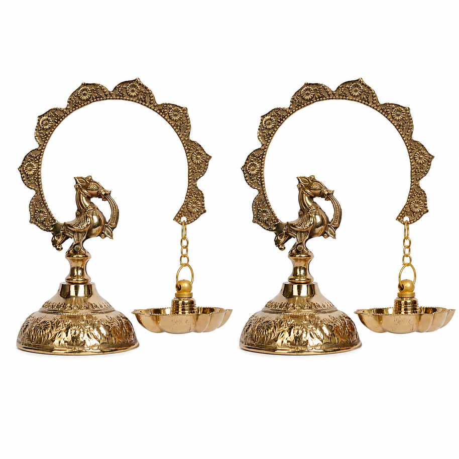 Pair of Handcrafted Brass Peacock Hanging Oil Lamps (Deepam)