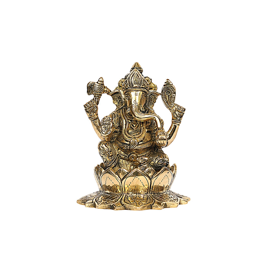 Brass Lord Ganesha Idol Sitting on Lotus