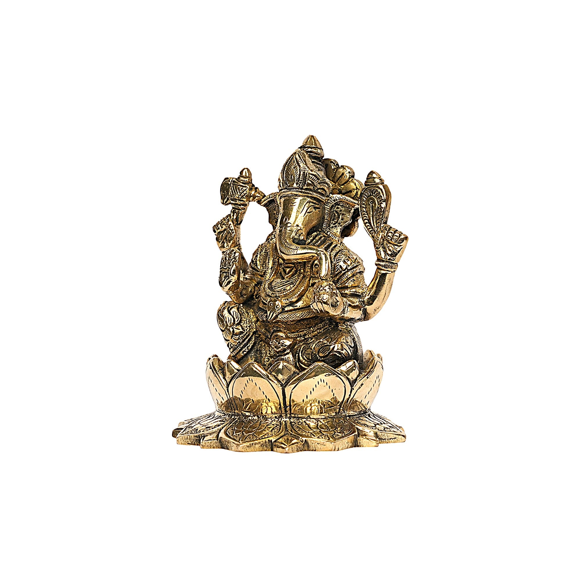 Brass Lord Ganesha Idol Sitting on Lotus