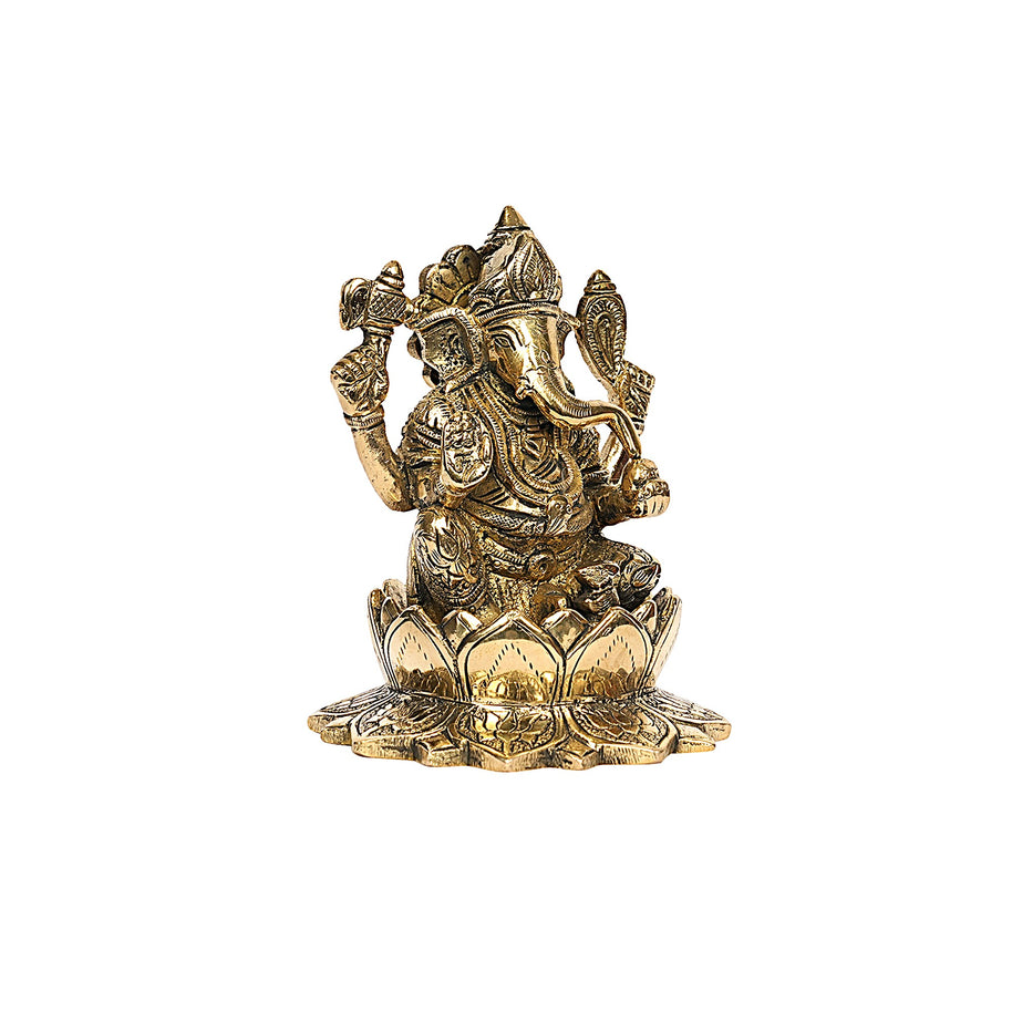Brass Lord Ganesha Idol Sitting on Lotus