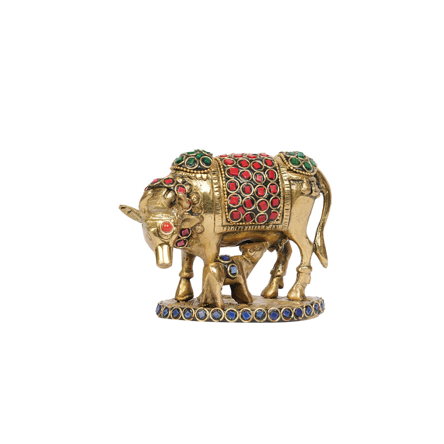 Brass with Stone Work Cow with Calf