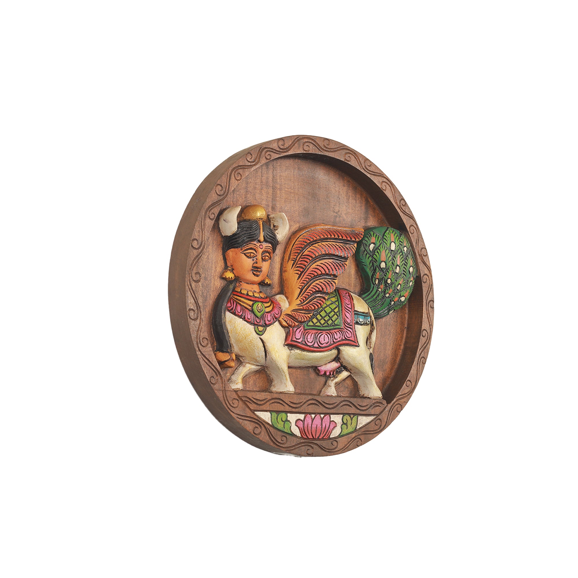 Wooden  wall hanging Kamdhenu round plate
