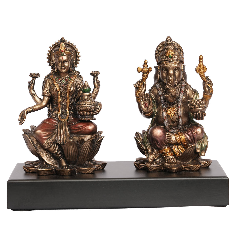 Handcrafted Poly Resin Lakshmi Ganesha Idol Set on Wooden Base