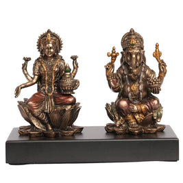 Handcrafted Poly Resin Lakshmi Ganesha Idol Set on Wooden Base
