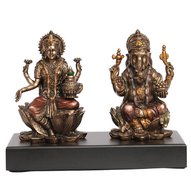 Handcrafted Poly Resin Lakshmi Ganesha Idol Set on Wooden Base for Home Decor, Pooja & Gifting