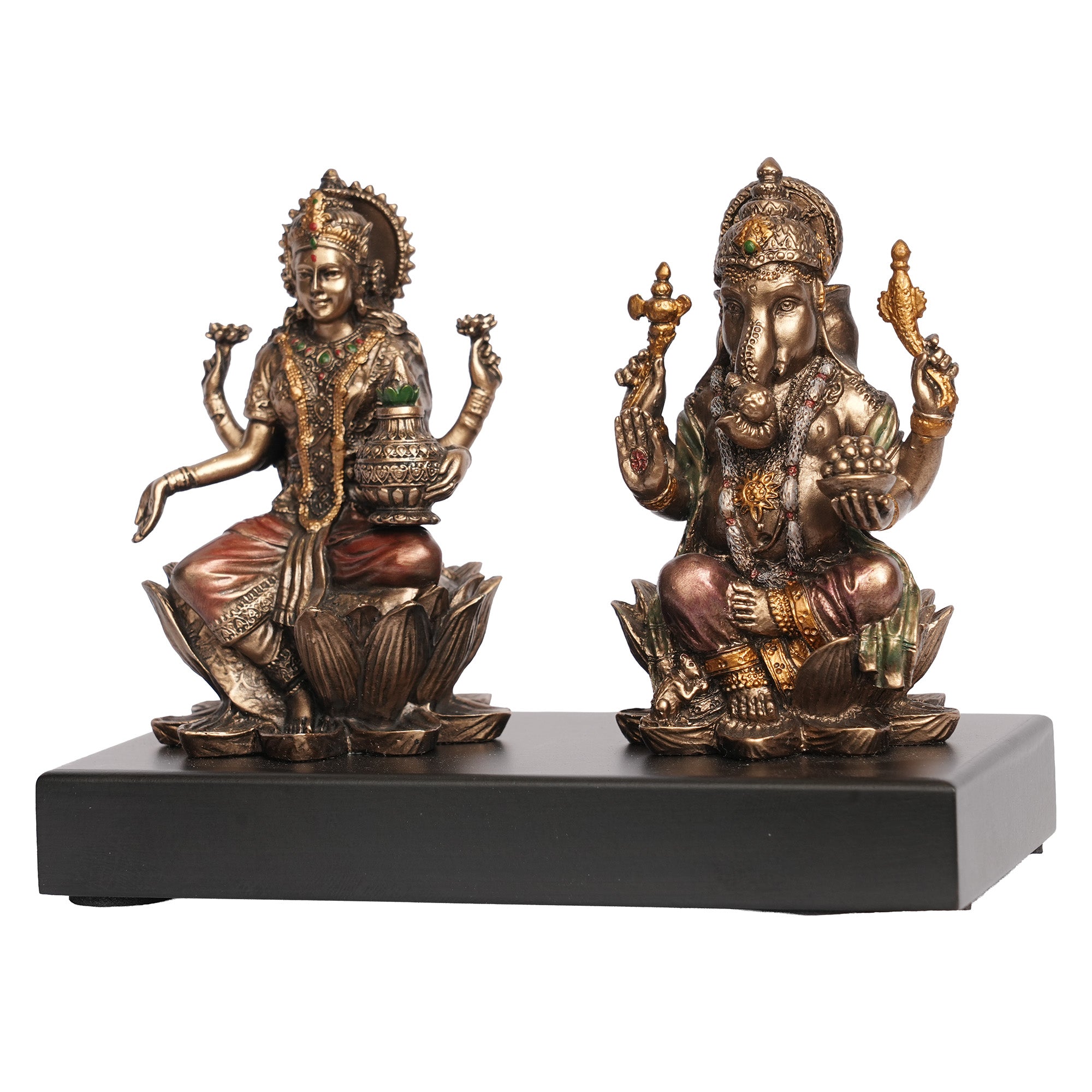 Handcrafted Poly Resin Lakshmi Ganesha Idol Set on Wooden Base
