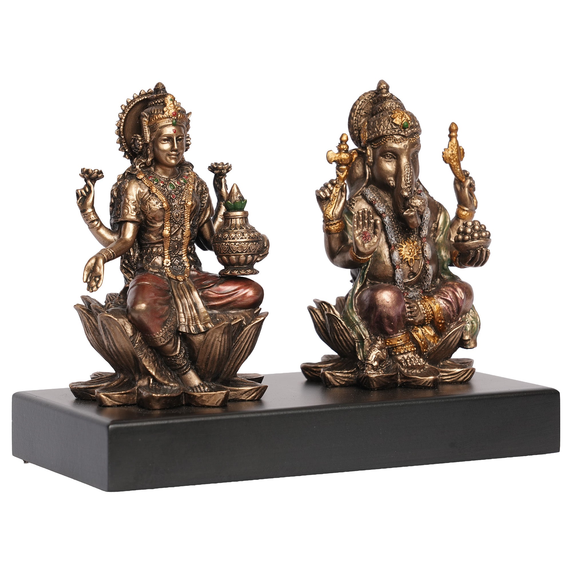 Handcrafted Poly Resin Lakshmi Ganesha Idol Set on Wooden Base