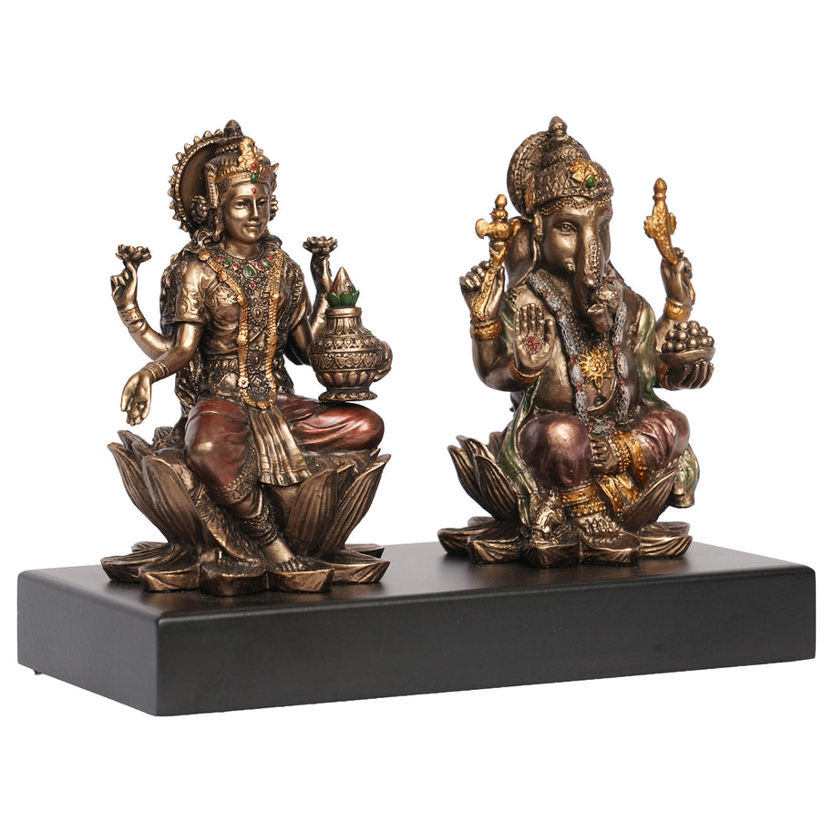 Handcrafted Poly Resin Lakshmi Ganesha Idol Set on Wooden Base