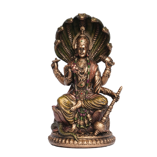 Handcrafted Poly Resin Lord Vishnu with Sheshnag Statue – Antique Finish Hindu God Idol for Home Décor & Pooja