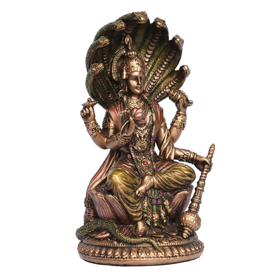 Handcrafted Poly Resin Lord Vishnu with Sheshnag Statue – Antique Finish Hindu God Idol for Home Décor & Pooja