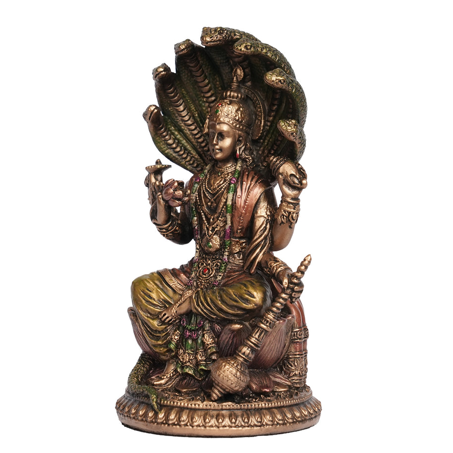 Handcrafted Poly Resin Lord Vishnu with Sheshnag Statue – Antique Finish Hindu God Idol for Home Décor & Pooja