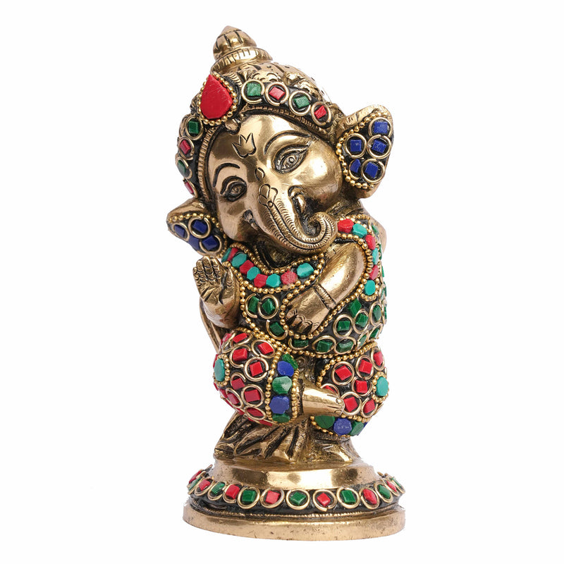 Brass Ganesha Idol with Colorful Stone Work for Pooja & Décor – 5 Inch Height