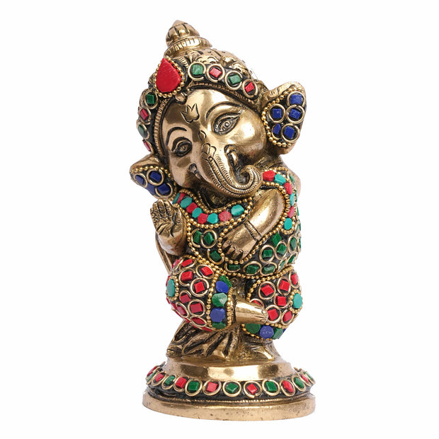 Brass Stone Studded Standing Ganesha Idol
