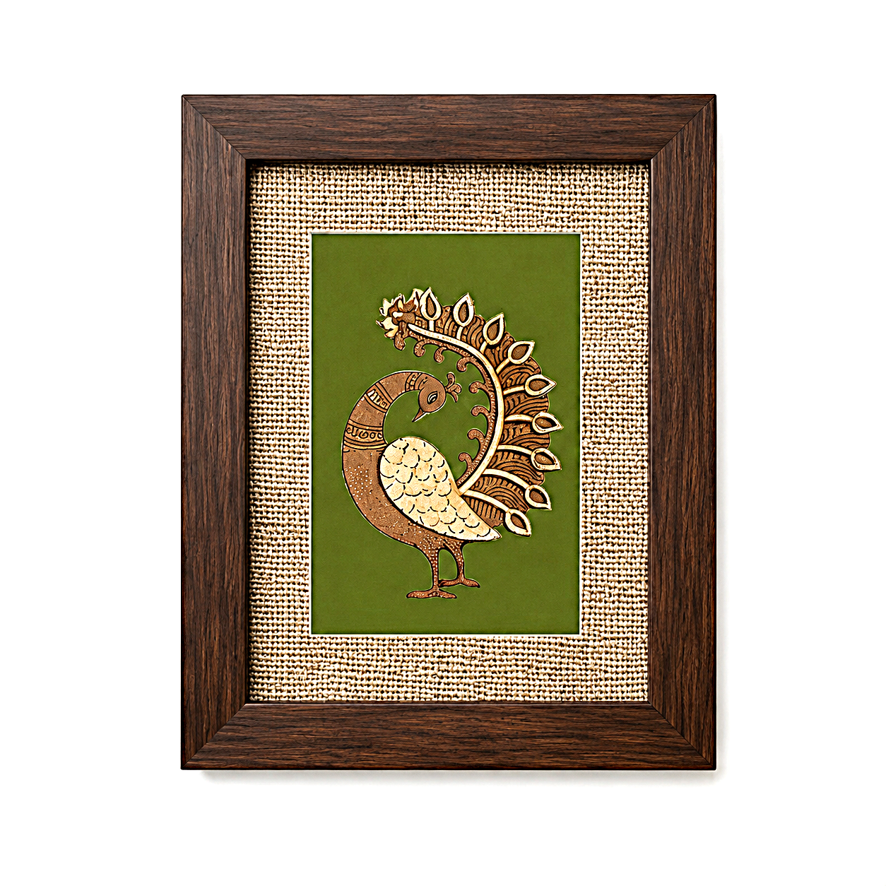 Handcrafted Peacock Wall Art in Wood Frame  With green background
