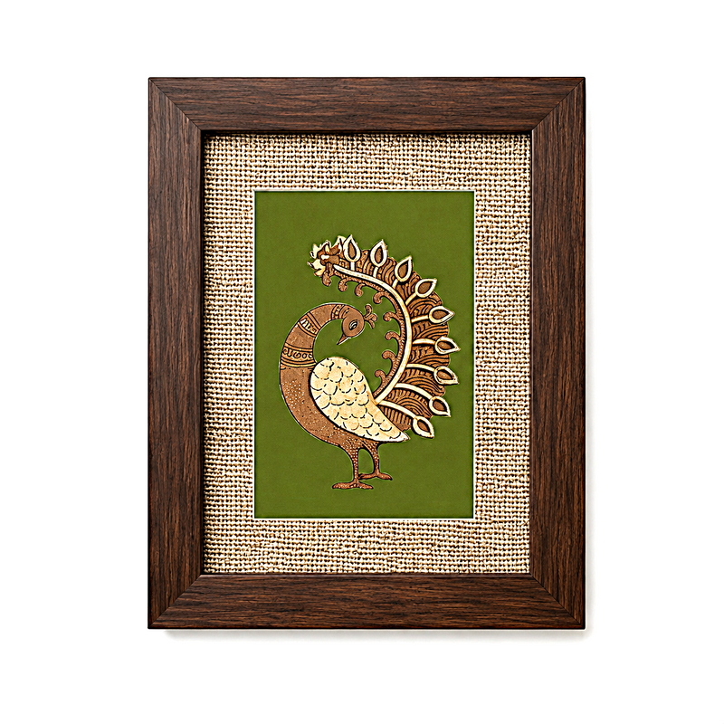 Handcrafted Peacock Wall Art in Wood Frame  With green background