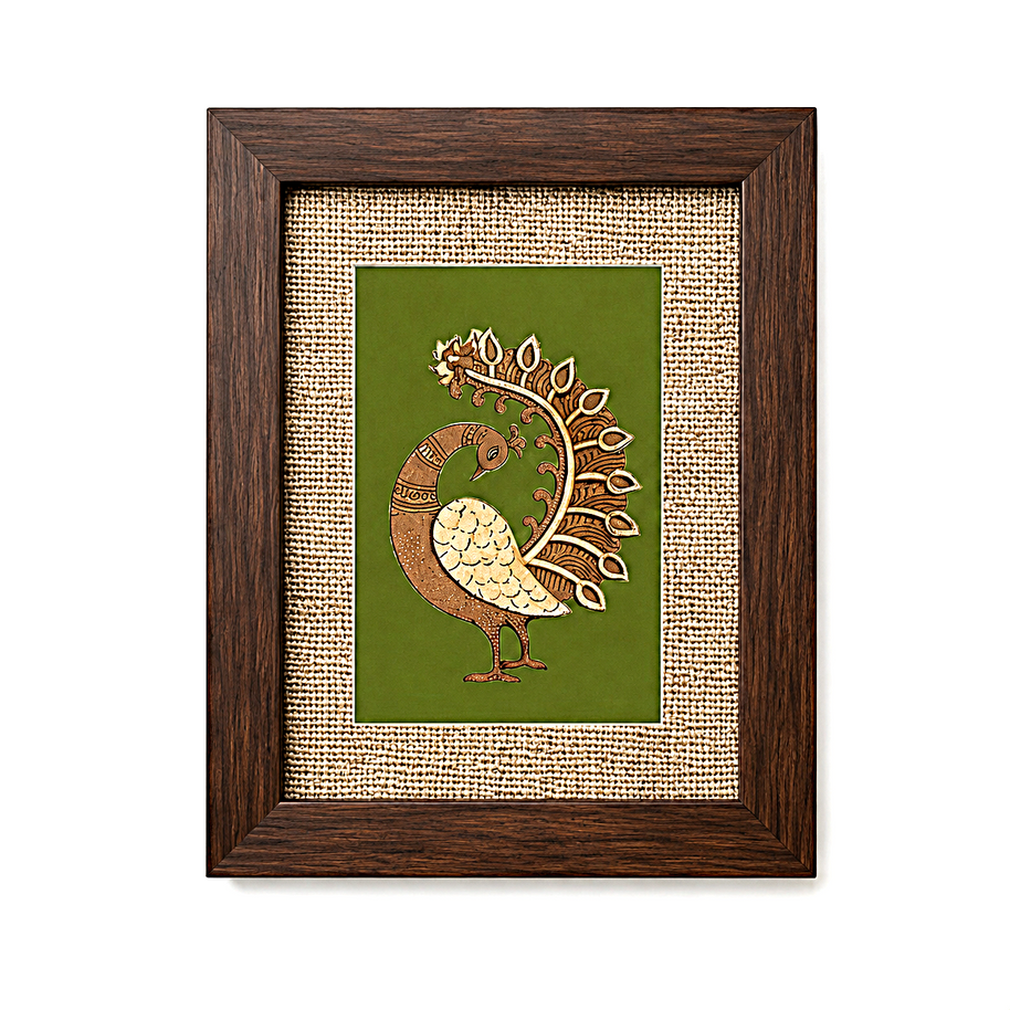 Handcrafted Peacock Wall Art in Wood Frame  With green background