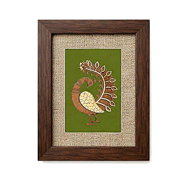 Handcrafted Peacock Wall Art in Wood Frame  With green background