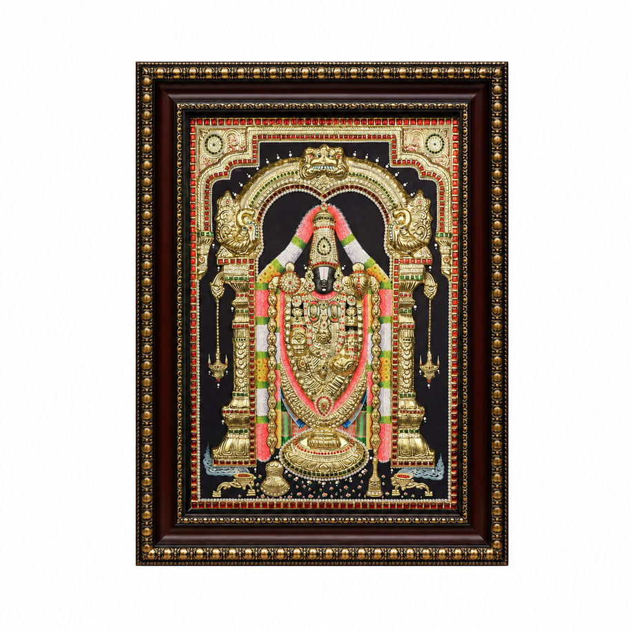 Embossed Lord Balaji Tanjore Painting 24 x 18 Inches | Handmade 22K Gold Foil Tirupati Balaji Wall Art