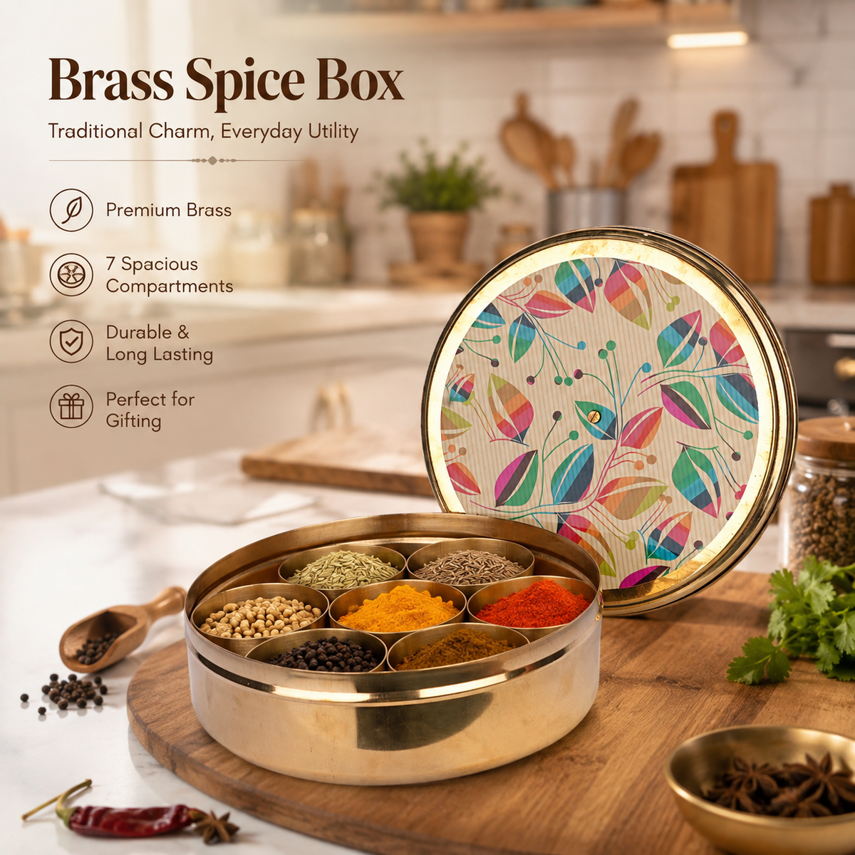 Handcrafted Brass Printed Masala Box – 2.5