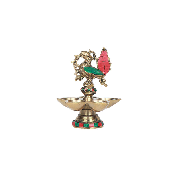 Brass  Bird Lamp With 5 Diya Stone Work