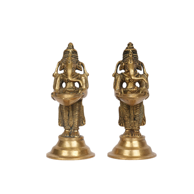 Pair of Brass Standing Lord Ganesha Deepam/Oil Lamps