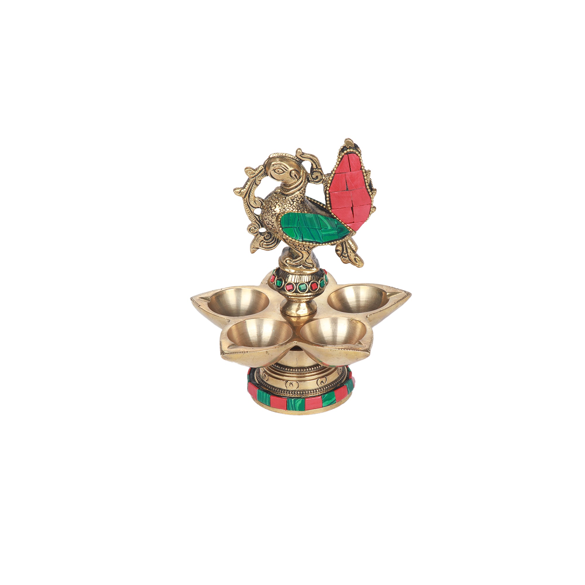 Brass  Bird Lamp With 5 Diya Stone Work