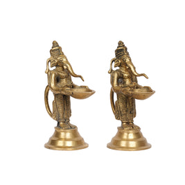 Pair of Brass Standing Lord Ganesha Deepam/Oil Lamps