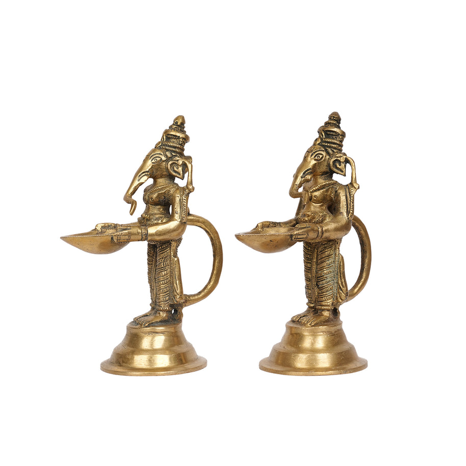 Pair of Brass Standing Lord Ganesha Deepam/Oil Lamps
