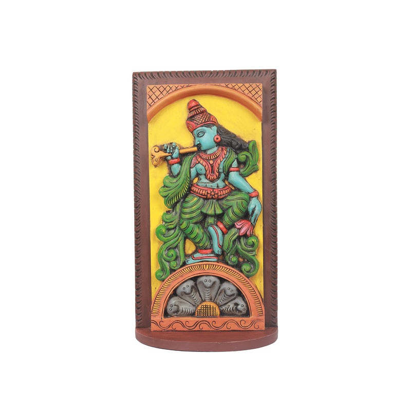 wooden krishna panel with stab